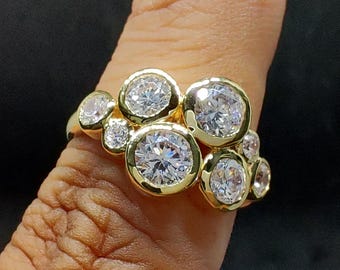 Scattered Moissanite Diamond Ring, Bezel Set Multi Stone Engagement Ring, Statement Ring, 8 Stone Bubble Style Ring, 10K Solid Gold Ring