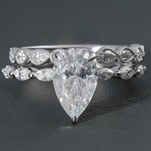 Art Deco Pear Moissanite Engagement Ring Set: Milgrain Sterling Silver Bridal Jewelry