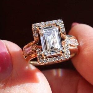 3.5 CT Emerald Moissanite Engagement ring, 10K yellow gold half eternity Pave unique Diamond Curved Double band Anniversary Promise Bridal