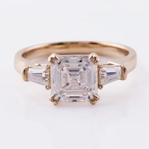 Asscher Cut Moissanite Engagement Ring: 10K Rose Gold Three Stone Bridal Ring
