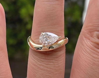 2Ct Pear Moissanite Engagement East West Pear Ring, 14K Yellow Gold Wavy Solitaire Ring Lab Grown Diamond Sideways Pear Promise Ring For Her