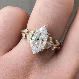 2.5 Ct Marquise Moissanite Nature Inspired Engagement Ring, Leaf and Branch Floral Diamond Vintage Ring,14k Gold Marquise Cut Twig Band Ring