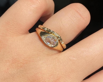 2 TCW Rose Cut Pear Moissanite Ring with celestial band 10k yellow gold ring Horizontal Bridal Flush Set