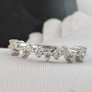 2MM Dainty Diamond Wedding Band Round Moissanite/ Lab Diamond/ CZ Half Eternity Ring | 14K Gold Stackable Minimal Band | Bridal Gift for Her
