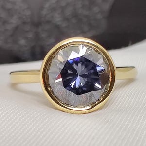 Low Profile Grey Moissanite Ring: Bezel Set Solitaire, 10K Gold