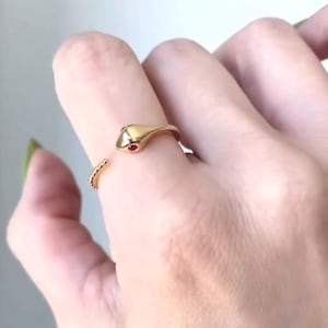 18K Yellow Gold Snake Bypass Ring with Natural Ruby Eyes | Minimalist Beaded Serpent Wrap Ring for Women | Dainty Adjustable Jewelry Gift