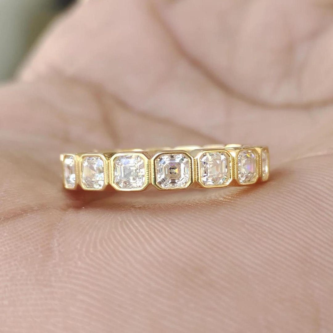 Bezel Set Asscher Cut Moissanite Eternity Wedding Band, 14k Yellow Gold ...
