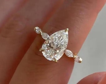 2.50 Ct Pear Shaped Moissanite Engagement Ring, Pear Solitaire Ring With Marquise Accent Ring, Invisible Hidden Halo Moissanite Ring
