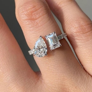 Toi Et Moi Moissanite Ring: Pear & Emerald Cut, 14K Gold Open Cuff