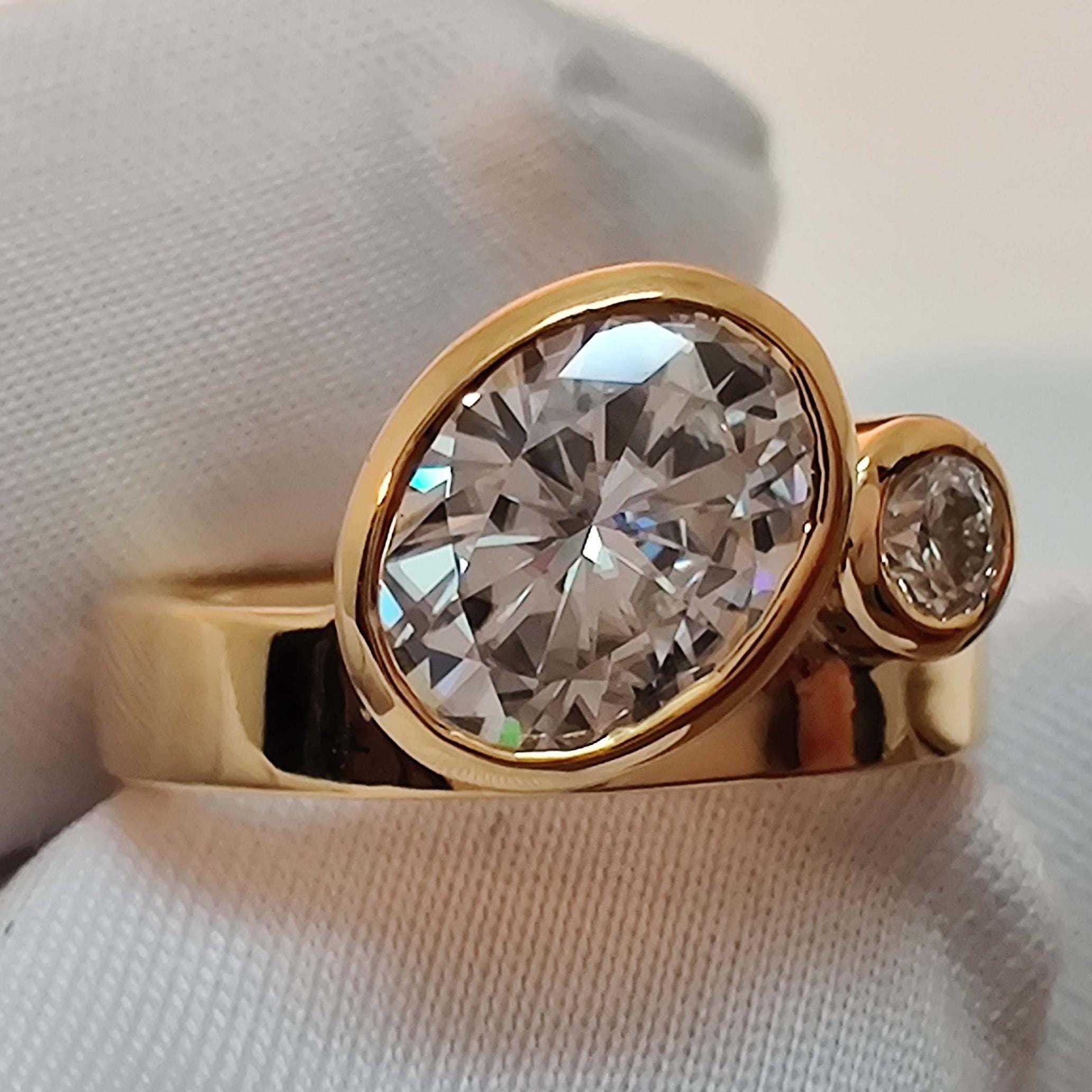 Wide Band Oval and Round Cut Engagement Ring Set Women Bezel Set Wedding Ring, Unique Thick Band Made Solitaire Ring, 10K Solid Gold Ring