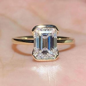 2.50 CT Emerald Cut Lab Grown Diamond Engagement Ring: 14K Gold Half Bezel Solitaire
