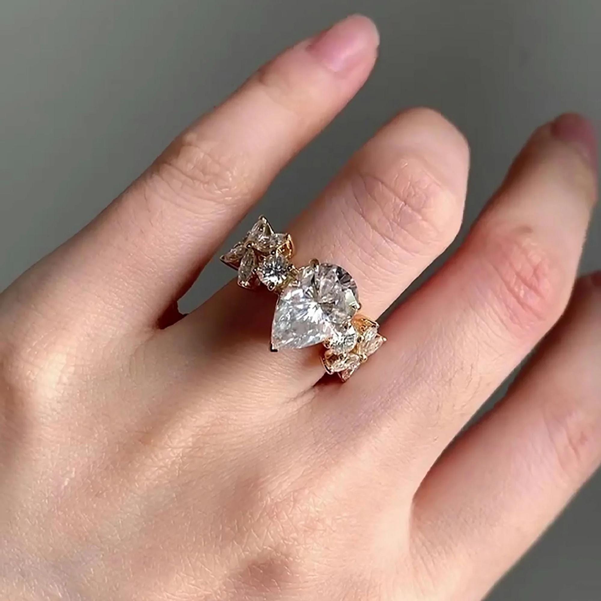 Pear Cut Diamond Engagement Ring With Marquise Floral Cluster Band in ...