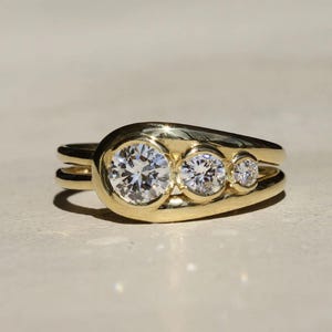 3 Stone Moissanite Engagement Ring, Classic Round Cut Moissanite Tension Set Wedding Ring, Bypass Shank Crossover Promise/Anniversary Ring