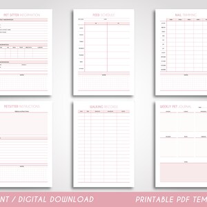 May include: Printable PDF template for pet sitters. Includes sections for pet sitter information, feeding schedule, nail trimming, petsitter instructions, walking records, and a weekly pet journal.