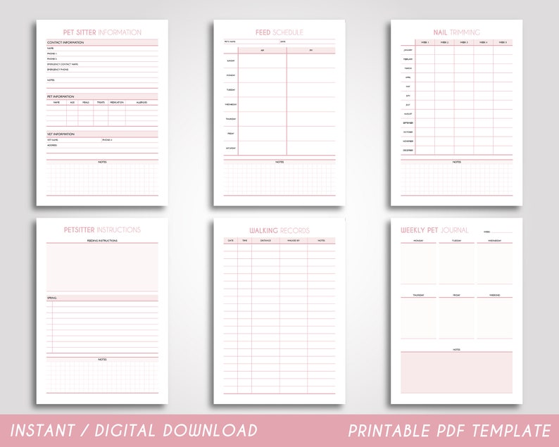 May include: Printable PDF template for pet sitters. Includes sections for pet sitter information, feeding schedule, nail trimming, petsitter instructions, walking records, and a weekly pet journal.