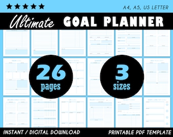May include: A printable goal planner with 26 pages in blue and white. The planner is available in three sizes: A4, A5, and US Letter. The text "Ultimate Goal Planner" is at the top of the image.