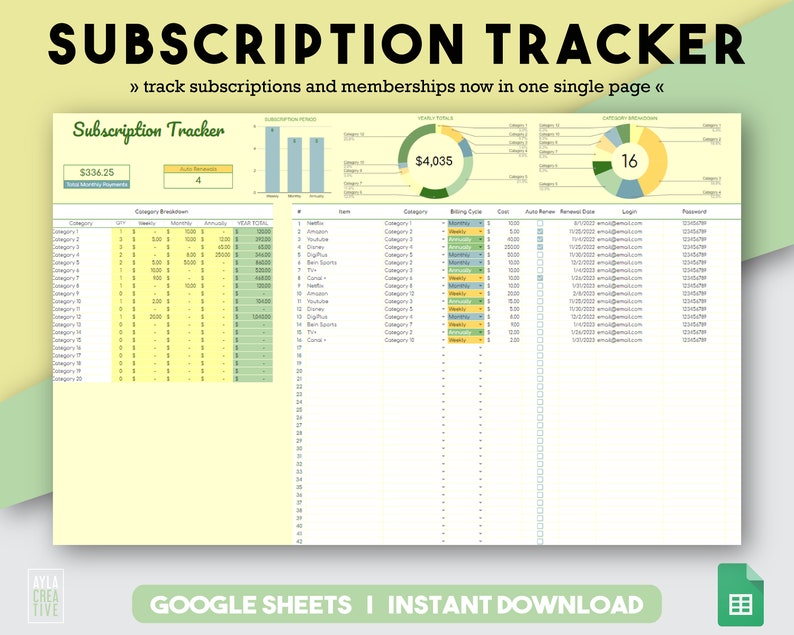 May include: A green and yellow Google Sheets spreadsheet template for tracking subscriptions. The spreadsheet includes a section for category, billing cycle, cost, auto renew, renewal date, login, and password. The spreadsheet also includes a section for monthly and yearly totals. The spreadsheet is titled "Subscription Tracker".