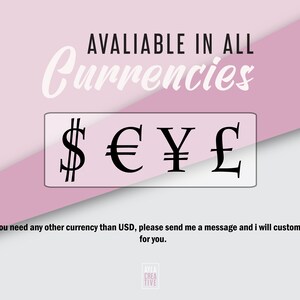 May include: A pink and white graphic with the text "AVAILABLE IN ALL Currencies" in black. The graphic features currency symbols for the US dollar, Euro, Japanese Yen, and British Pound.