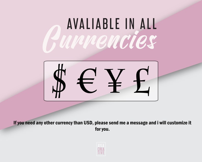 May include: A pink and white graphic with the text "AVAILABLE IN ALL Currencies" in black. The graphic features currency symbols for the US dollar, Euro, Japanese Yen, and British Pound.
