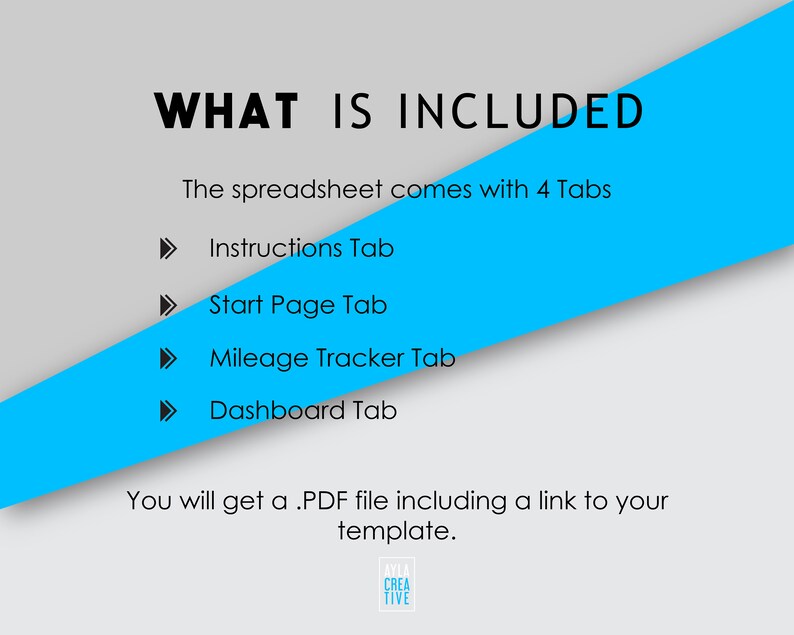 May include: A blue and white graphic with the text "WHAT IS INCLUDED" and a list of four tabs included in a spreadsheet: Instructions Tab, Start Page Tab, Mileage Tracker Tab, and Dashboard Tab. The text "You will get a .PDF file including a link to your template." is also included.