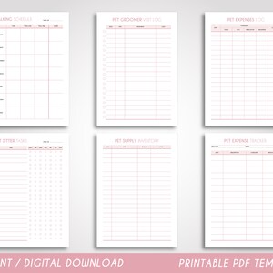 May include: Printable PDF templates for pet owners, including a walking schedule, pet sitter tasks, pet groomer visit log, pet expenses log, pet supply inventory, and pet expense tracker.