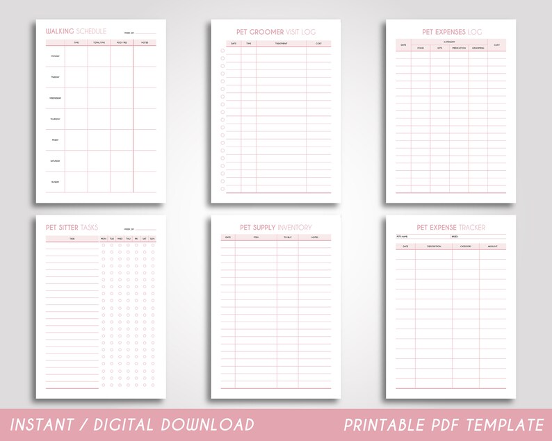 May include: Printable PDF templates for pet owners, including a walking schedule, pet sitter tasks, pet groomer visit log, pet expenses log, pet supply inventory, and pet expense tracker.