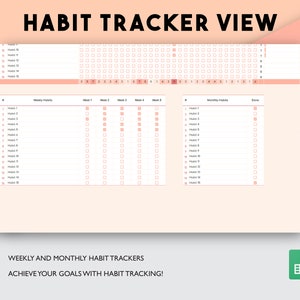 May include: A printable habit tracker with a pink and white color scheme. The tracker includes sections for weekly and monthly habits. The weekly section has a grid for tracking habits for five weeks. The monthly section has a list for tracking habits for the month. The tracker is designed to help users achieve their goals by tracking their progress.
