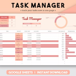 Könnte beinhalten: Eine rosa und weiße Google Sheets-Vorlage für die Aufgabenverwaltung. Die Vorlage enthält einen Bereich für die Gesamtzahl der Aufgaben, Aufgaben mit niedriger, mittlerer und hoher Priorität, Aufgaben in Bearbeitung, abgeschlossene Aufgaben, ein Kreisdiagramm mit einer Übersicht über die Aufgaben, eine Tabelle mit Spalten für Aufgabe, Priorität, Startdatum, Fälligkeit, Notizen, Prozentsatz abgeschlossen und Fortschritt sowie einen Bereich für Notizen. Die Vorlage soll Benutzern helfen, ihre Aufgaben zu verfolgen und organisiert zu bleiben.