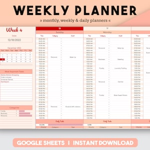 Weekly Planner | Daily Schedule | 2023 Calendar | Spreadsheet Planner | Google Sheets | To Do List Template | Monthly Calendar To Do List