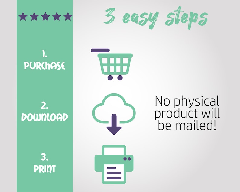 May include: A green and purple illustration showing three easy steps to purchase, download, and print a digital product. The text "No physical product will be mailed!" is also included.