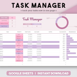 May include: A pink and purple Google Sheets spreadsheet template for task management. The spreadsheet includes columns for task, priority, start date, due date, notes, percent complete, and progression. The spreadsheet also includes a pie chart showing the percentage of tasks completed and in progress.