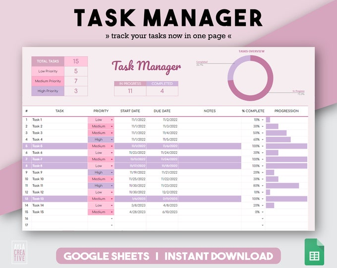 Task Tracking Spreadsheet | Task Planner | Digital to Do List | Google ...
