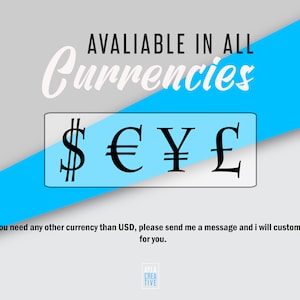 May include: Graphic with the text "AVAILABLE IN ALL Currencies" in white on a blue background. The text "$ &euro; &yen; &pound;" is in black on a white background.