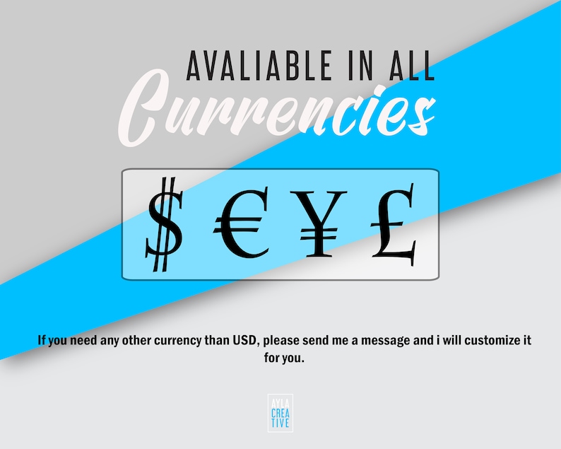 May include: Graphic with the text "AVAILABLE IN ALL Currencies" in white on a blue background. The text "$ &euro; &yen; &pound;" is in black on a white background.