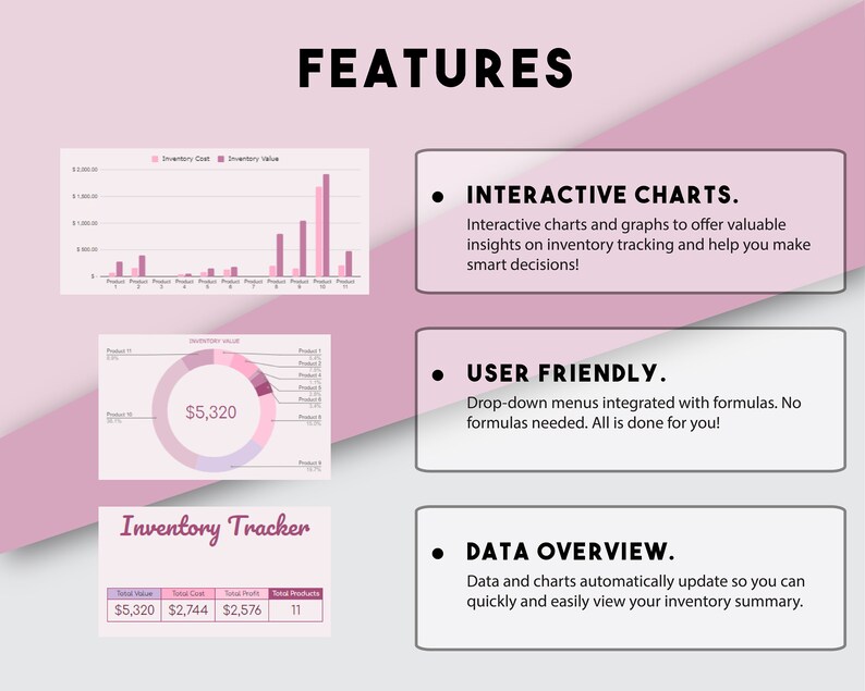May include: A pink and white infographic highlighting the features of an inventory tracking software. The infographic includes interactive charts, a user-friendly interface, and data overview features. The text "Inventory Tracker" is displayed in a pink box.