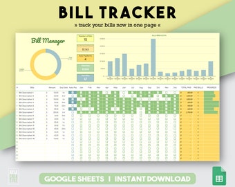 May include: A Google Sheets template for tracking bills. The template includes a bill manager with a pie chart, a bar chart showing bill breakdown, and a table to track bills by month. The table includes columns for bill description, amount, due date, auto-pay, and monthly payments. The template is yellow and green with a light blue accent.