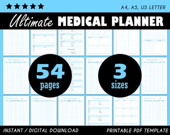 Op de afbeelding: Een afdrukbare PDF medische planner met 54 pagina's en 3 formaten. De planner bevat secties voor tandreinigingsgegevens, noodcontacten en meer. De tekst "Ultimate MEDICAL PLANNER" staat bovenaan.