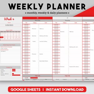 Weekly Planner, 2023 Calendar, Spreadsheet Planner, Google Sheets, To Do List Template, Monthly Calendar, Daily To Do List, Daily Schedule