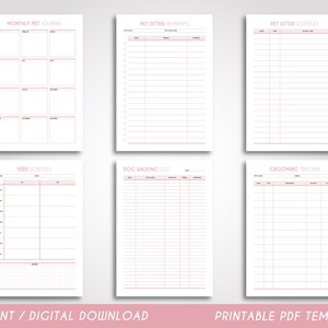 May include: Printable PDF templates for pet sitters, including a monthly pet journal, pet sitter payments log, pet sitter schedule, feed schedule, dog walking log, and grooming tracker.
