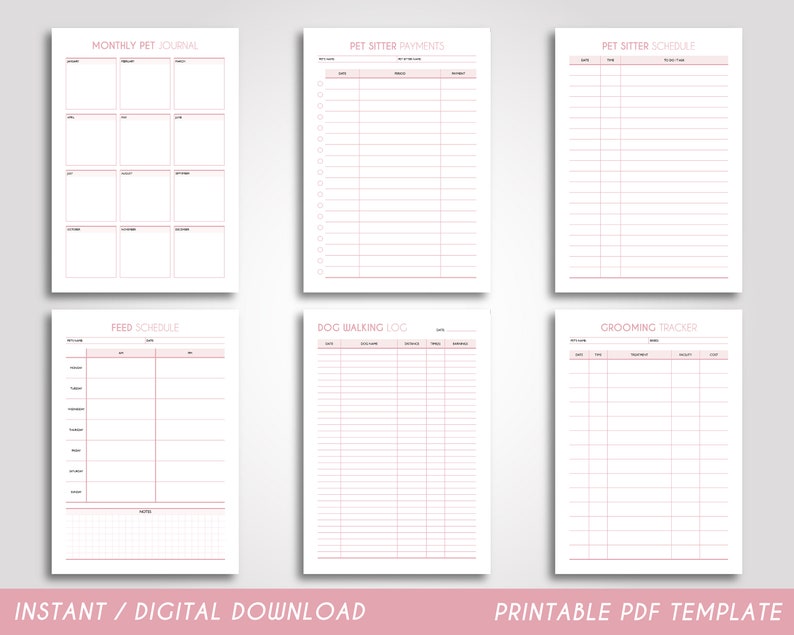 May include: Printable PDF templates for pet sitters, including a monthly pet journal, pet sitter payments log, pet sitter schedule, feed schedule, dog walking log, and grooming tracker.