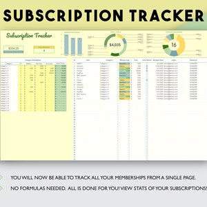 May include: A green and yellow spreadsheet with the title "Subscription Tracker". The spreadsheet has columns for category, billing cycle, cost, auto renew, renewal date, login, and password. There are two charts at the top of the spreadsheet, one showing total cost and the other showing the number of subscriptions.