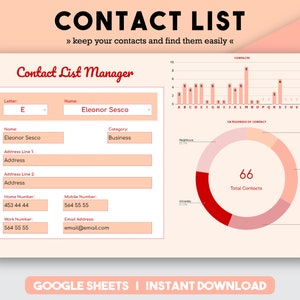 Puede incluir: Una plantilla digital de lista de contactos con un fondo melocotón claro. El título "CONTACT LIST" está en la parte superior, con el subtítulo "keep your contacts and find them easily". Incluye secciones para los datos de contacto, un gráfico de barras y un gráfico circular. El texto "GOOGLE SHEETS | INSTANT DOWNLOAD" está en la parte inferior.