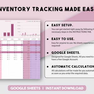 May include: A pink and purple Google Sheets template for inventory tracking. The template includes a pie chart, a bar chart, and a table with columns for sale price, inventory value, material, labour, other, inventory cost, unit profit, and profit. The text "INVENTORY TRACKING MADE EASY" is at the top of the image. The text "GOOGLE SHEETS | INSTANT DOWNLOAD" is at the bottom of the image.