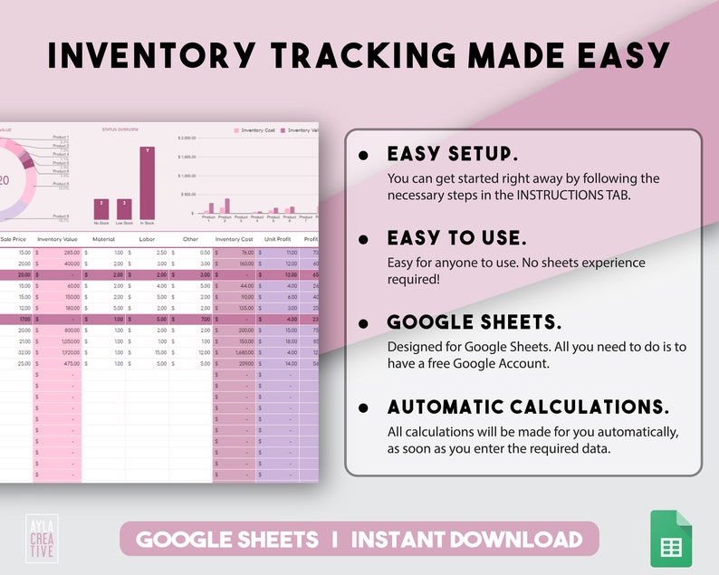 May include: A pink and purple Google Sheets template for inventory tracking. The template includes a pie chart, a bar chart, and a table with columns for sale price, inventory value, material, labour, other, inventory cost, unit profit, and profit. The text "INVENTORY TRACKING MADE EASY" is at the top of the image. The text "GOOGLE SHEETS | INSTANT DOWNLOAD" is at the bottom of the image.