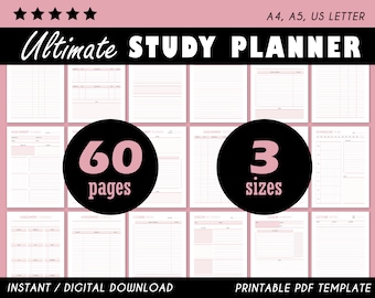 May include: A printable study planner with 60 pages in three sizes: A4, A5, and US Letter. The planner has a pink and black color scheme and features a variety of templates for organizing assignments, homework, and class notes.