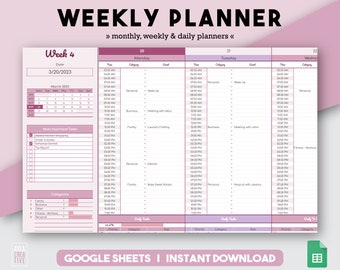 Weekly Planner, Productivity Planner, Undated Planner, Daily Planner, Weekly To Do List, Monthly Planner, Daily Schedule, Google Sheet