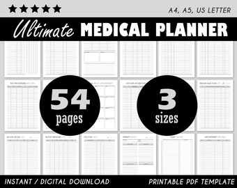 Op de afbeelding: Een afdrukbare PDF medische planner met 54 pagina's en verkrijgbaar in 3 formaten. De planner bevat secties voor testprocedures, afspraken en bloedsuikerlogs. De tekst "Ultimate MEDICAL PLANNER" staat bovenaan.