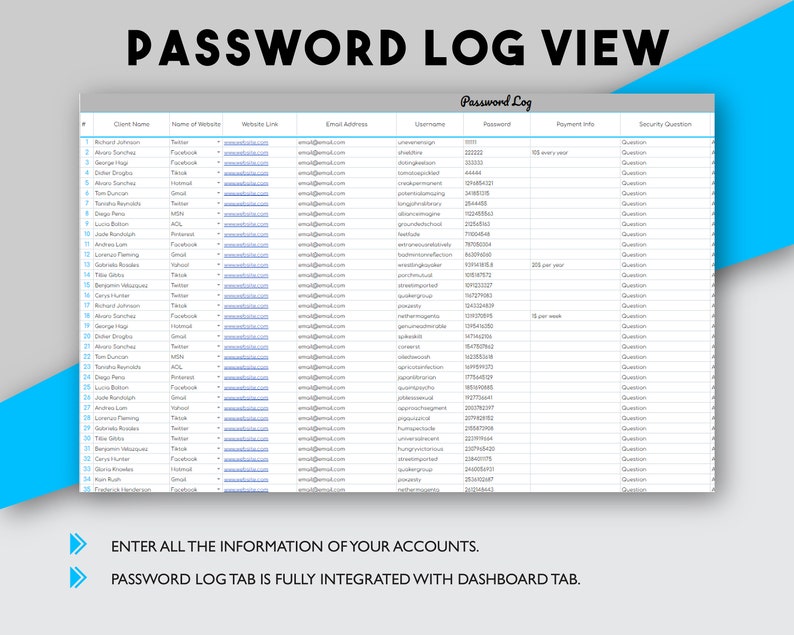 Password Tracker, Password Manager, Password Organizer, Excel Google ...