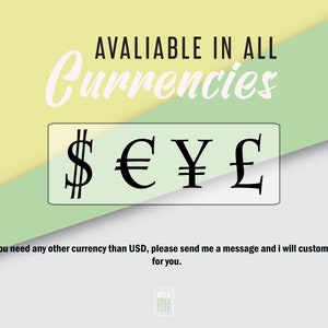 May include: A graphic with the text "AVAILABLE IN ALL Currencies" in white on a yellow background. The text "$ &euro; &yen; &pound;" is in black on a white background.