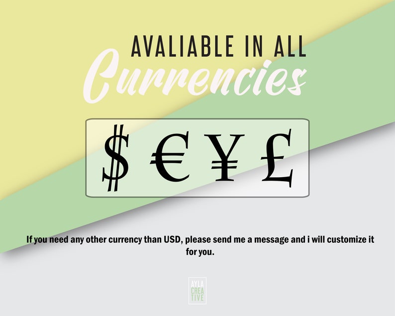May include: A graphic with the text "AVAILABLE IN ALL Currencies" in white on a yellow background. The text "$ &euro; &yen; &pound;" is in black on a white background.